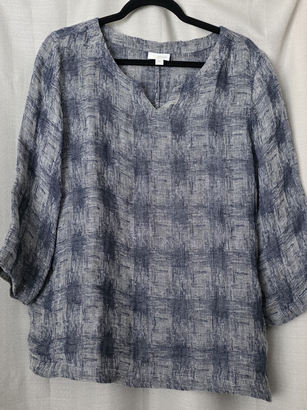 J Jill Pure Jill Tunic Blouse Women's L Blue Gray Linen Blend 3/4 Sleeve